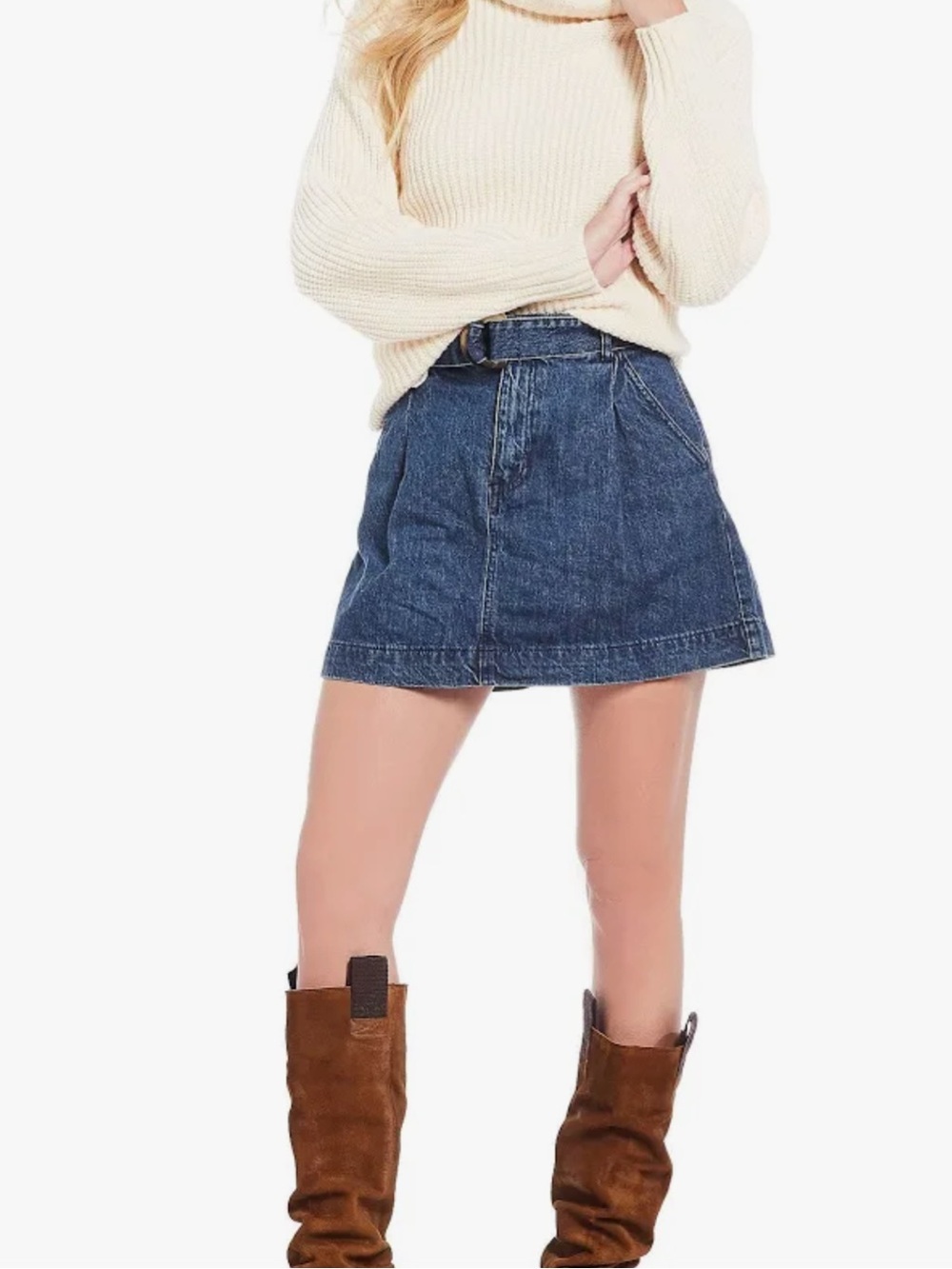 We The Free Free People Jade Belted Denim Mini Skirt Mid Indigo wash Size 26 NWT